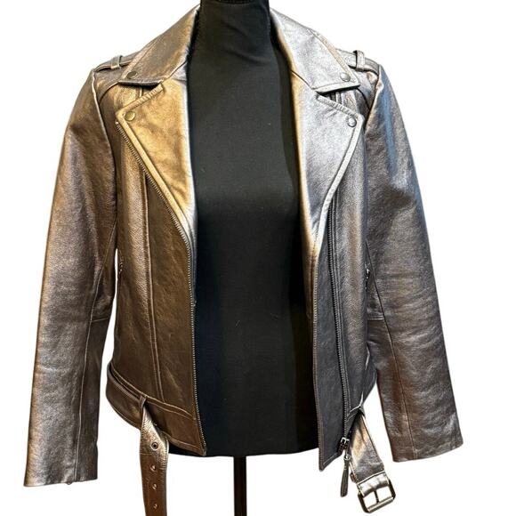 Mackage x Aritzia Metallic Gray Lamb Leather Moto Biker Jacket Small Chic Edgy - Picture 14 of 16